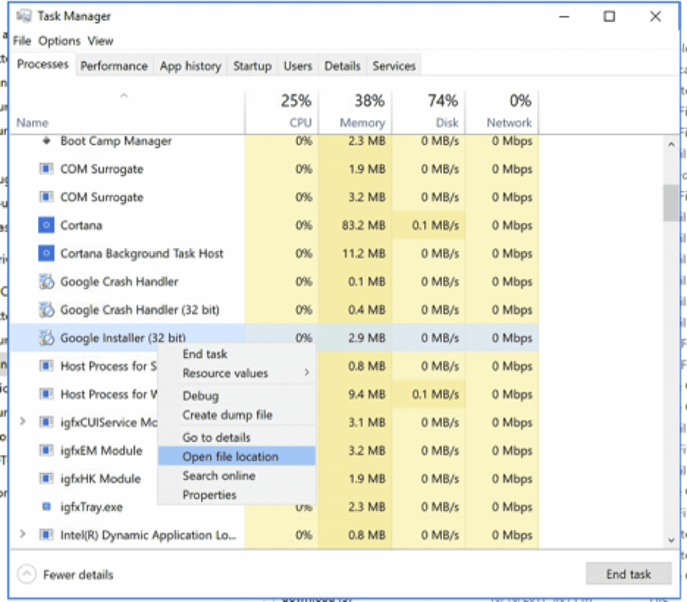 Open file location on the Google Installer in the Task Manager