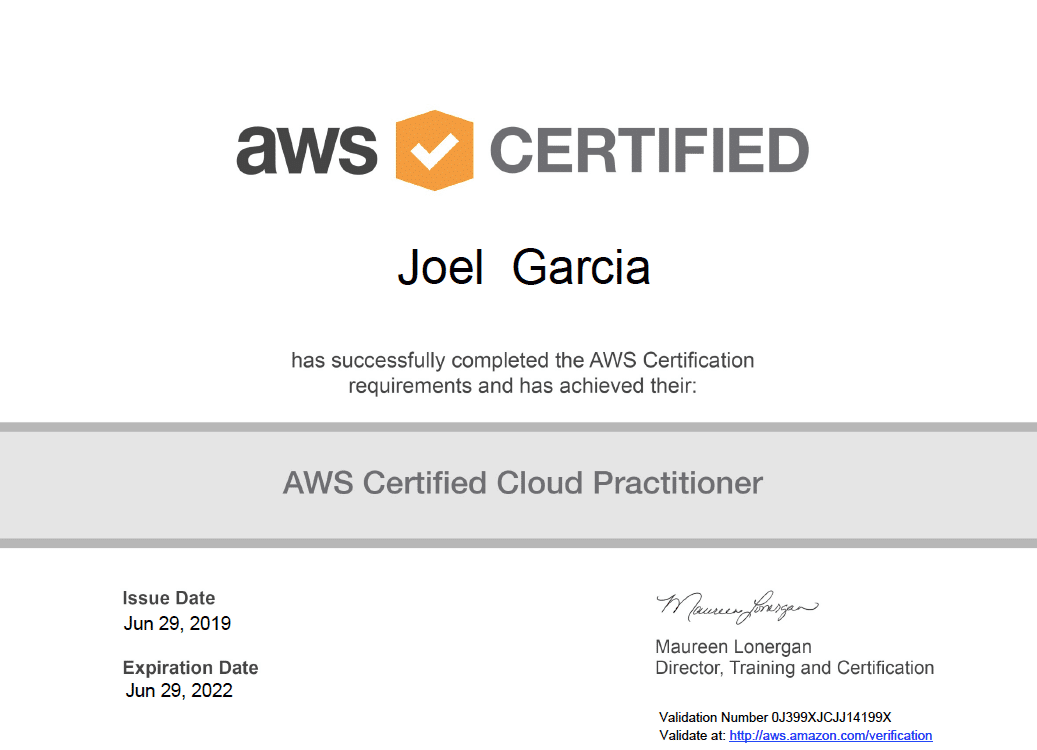 AWS Certified Cloud Practitioner Joel Garcia