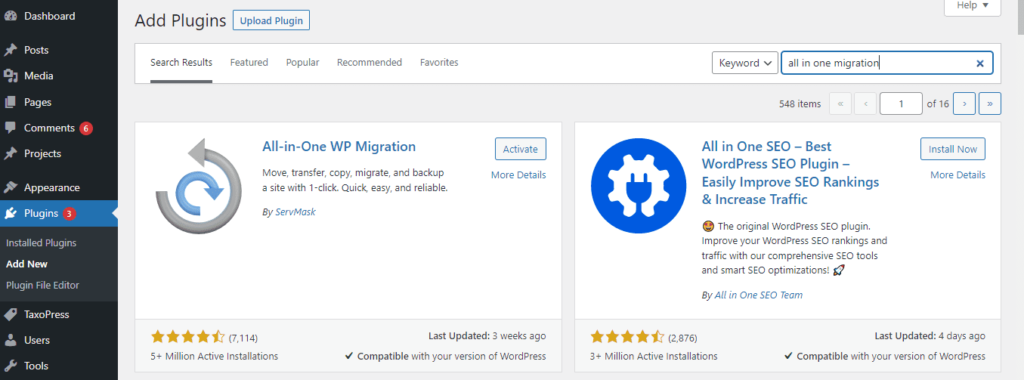 install WordPress’s “all-in-One WP Migration” plugin