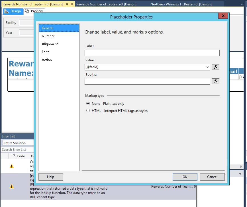 Microsoft Visual Studio Placeholder Properties Dialog