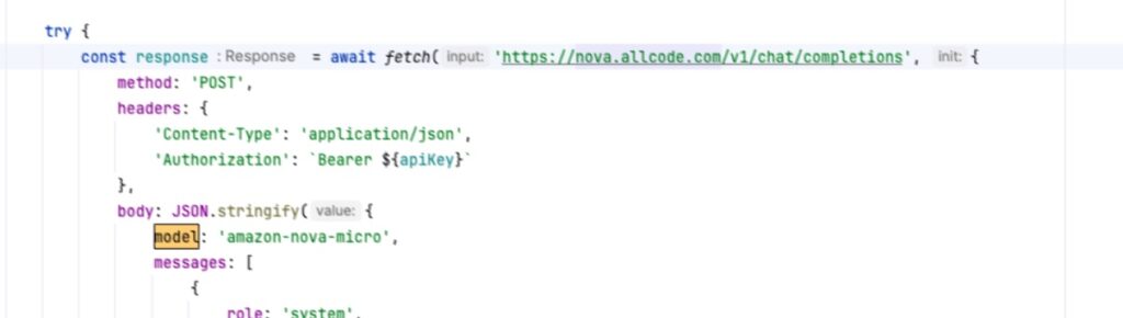 OpenAI JavaScript Code Replace URL and Model