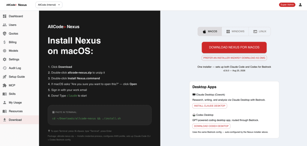 AllCode Nexus dashboard showing the download and installation page